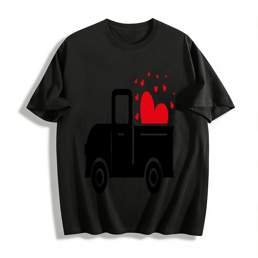Romantic Heart Truck Print Casual Couples Versatile Top Pure cotton T-shirt XXS