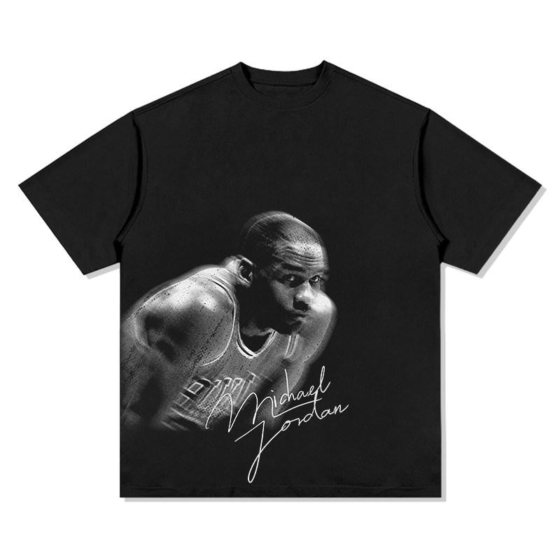 2026 Summer Black Unisexs Letter Portrait Pattern Printed Round Neck Tshirt Retro Basketball Fans Casual Breathable Short Sleeve