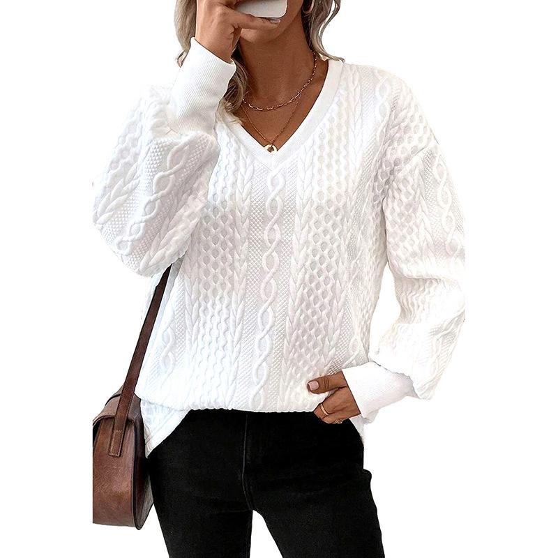 Autumn Women's V-Neck Knit Sweater - European & American Style, Versatile Long-Sleeve Solid Color Top.