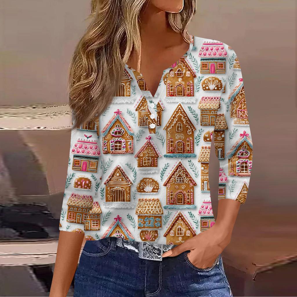 Women's Casual Fashion V-neck Loose Versatile Christmas Print Three-quarter Sleeve Top