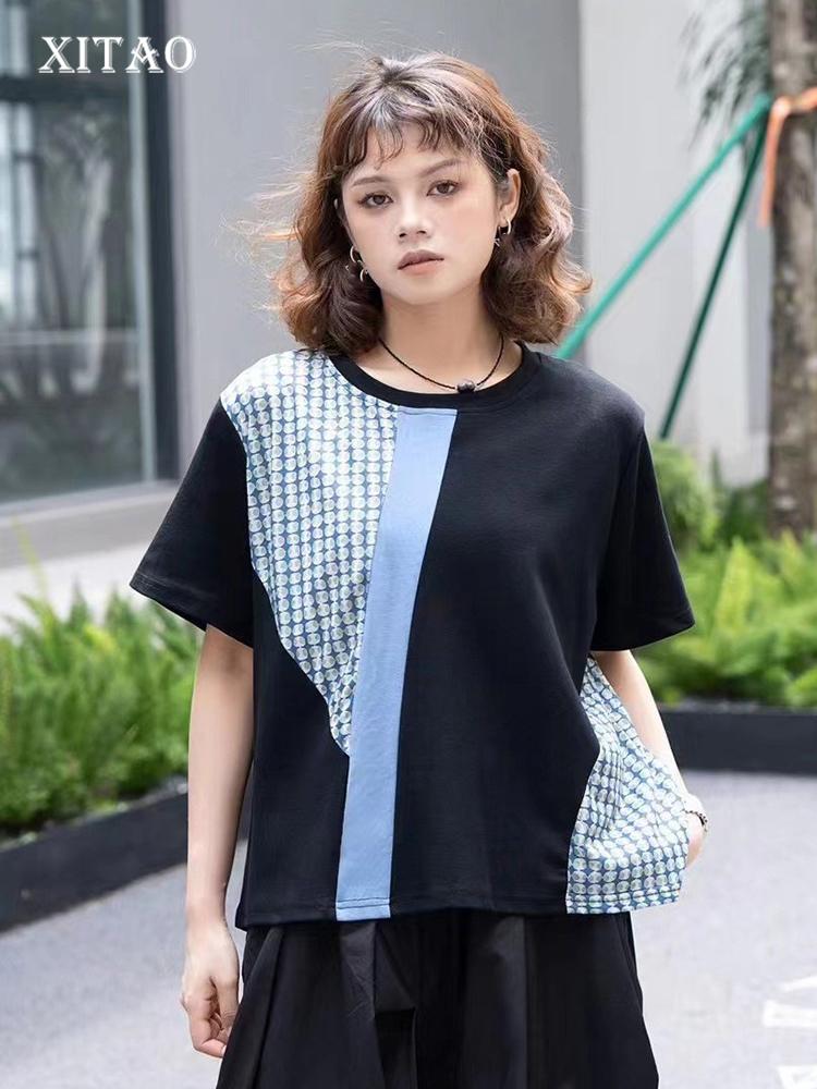 

XITAO Patchwork Contrast Color Dot T-shirts O-neck Casual Women Tops GJ1043