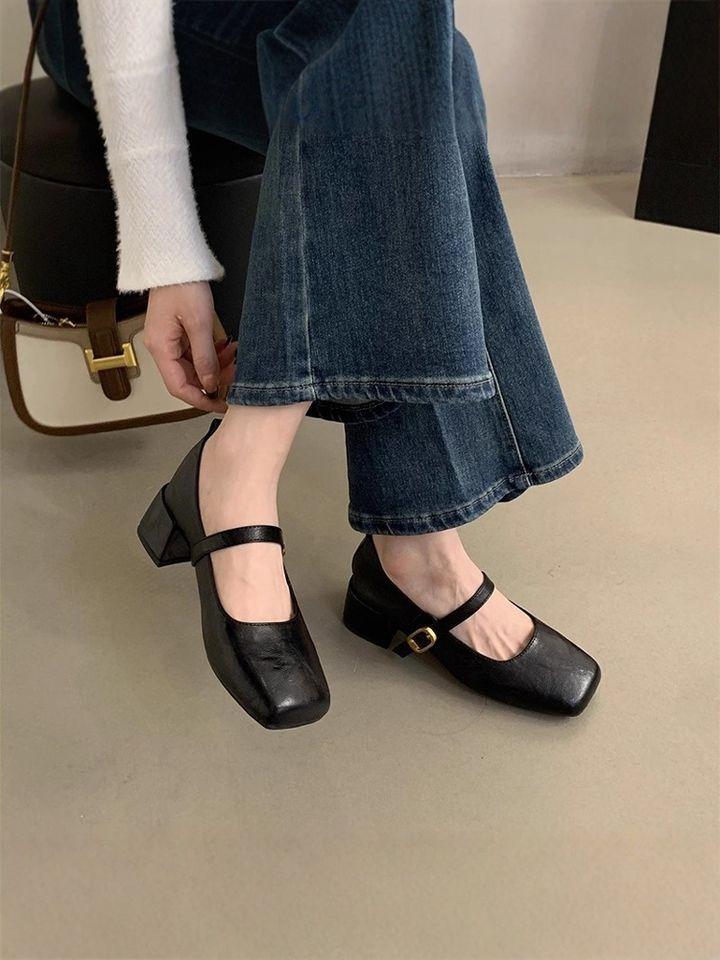 French Retro Square Head Light Mouth Single Shoes Women's Middle Heel Spring and Autumn Evening Temperament Fairy Thick Heel Mary Jane Small Leather 