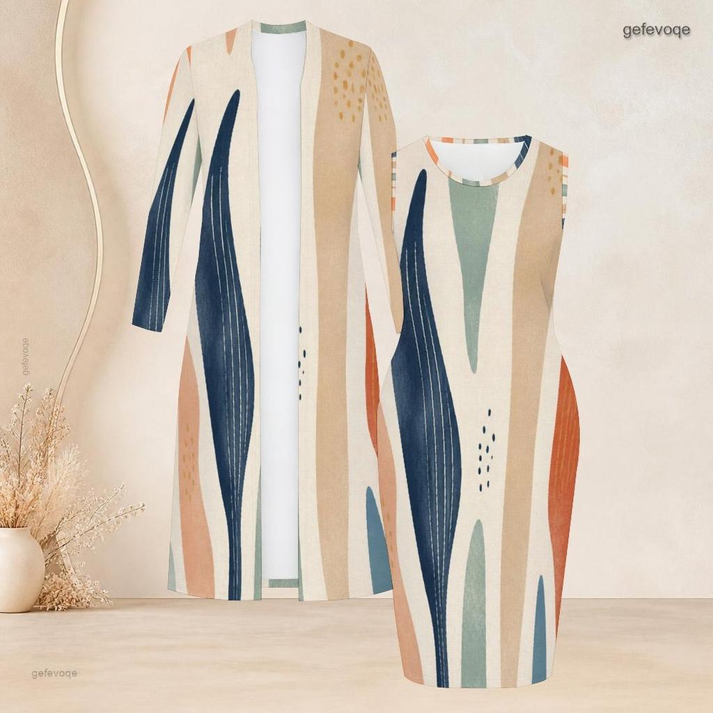 Women Plus Size Printed Two Piece Set Long Sleeve Open Front Cardigan Sleeveless Bodycon Dress