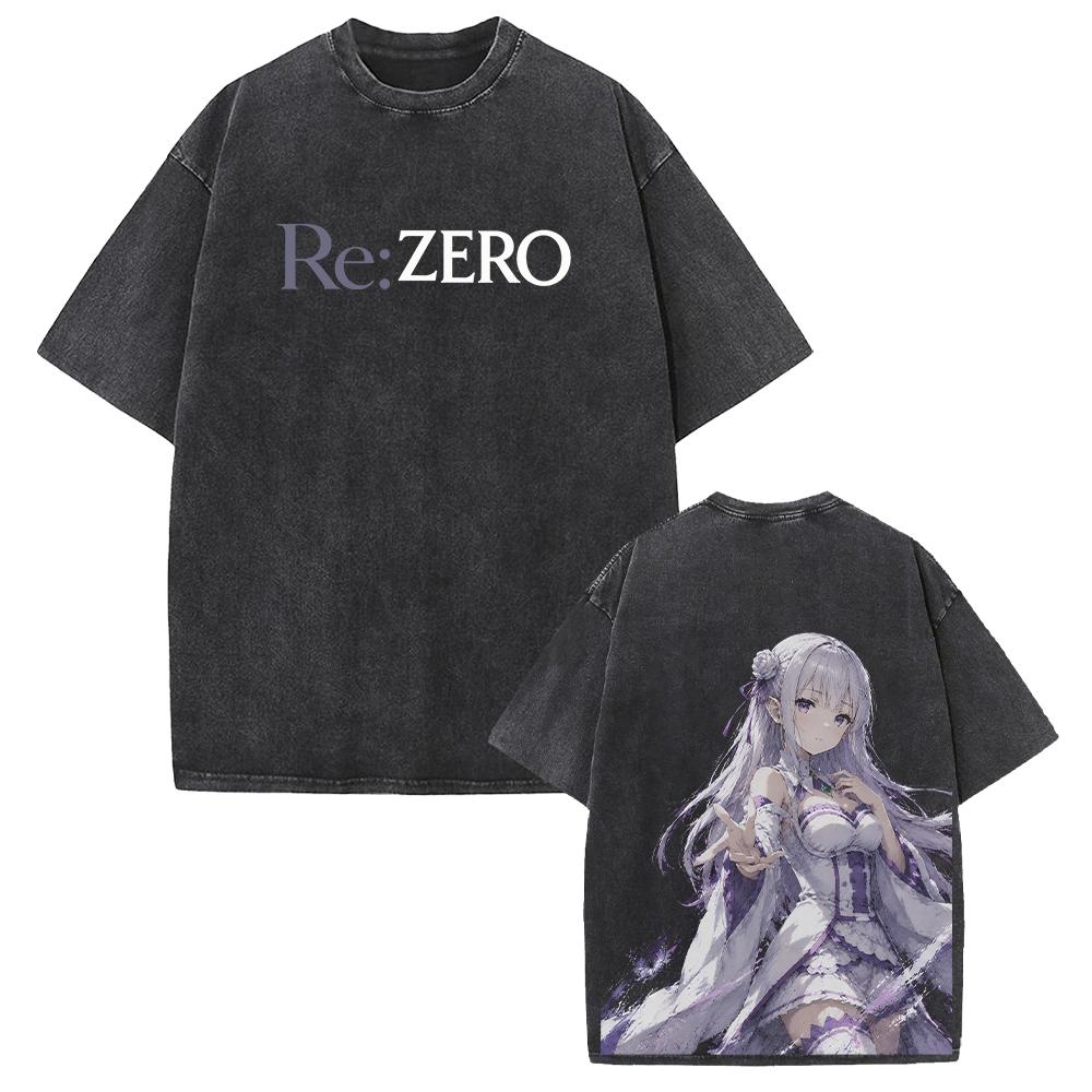 Emilia Re:ZERO Anime T-shirt Harajuku Vintage Washed Oversized T Shirt Men Women Clothing Short Sleeve 100% Cotton Tees Tops
