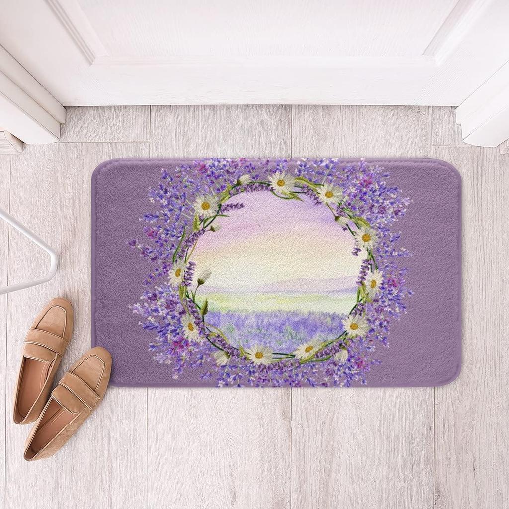 Purple Flowers Rug Watercolor Lavender Carpet Romantic Floral Doormat for Girls Teen,Wild Country Style Garden Flower Floor Mat