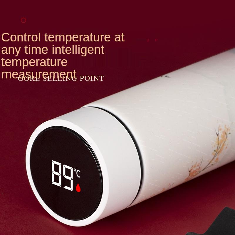 Termoláhev hrnek v čínském stylu s chytrým ukazatelem teploty, přenosná, s udržením tepla, vakuová termoska na hrnky 500 ml