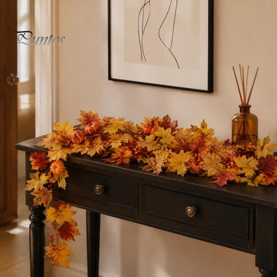 Holiday Gifts for Family Artificial Fall Maple Leaf Wreath, Autumn Vine with Pine Cones Pumpkins, Reusable Realistic Orange Red Leaves Hanging