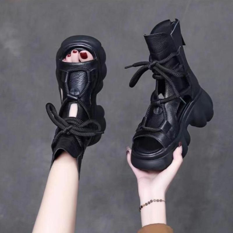 Fashion 2024 New High Quality Women Sandals Handmade Retro Wedges Heel Sandals Ladies Summer Back Zipper Platform Roman Cool Boots