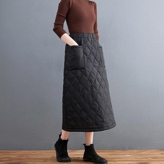 Women Down Skirt Elastic High Waist Large Swing Design Midi Skirt with Pockets Solid Color A-Line Windproof Skirt