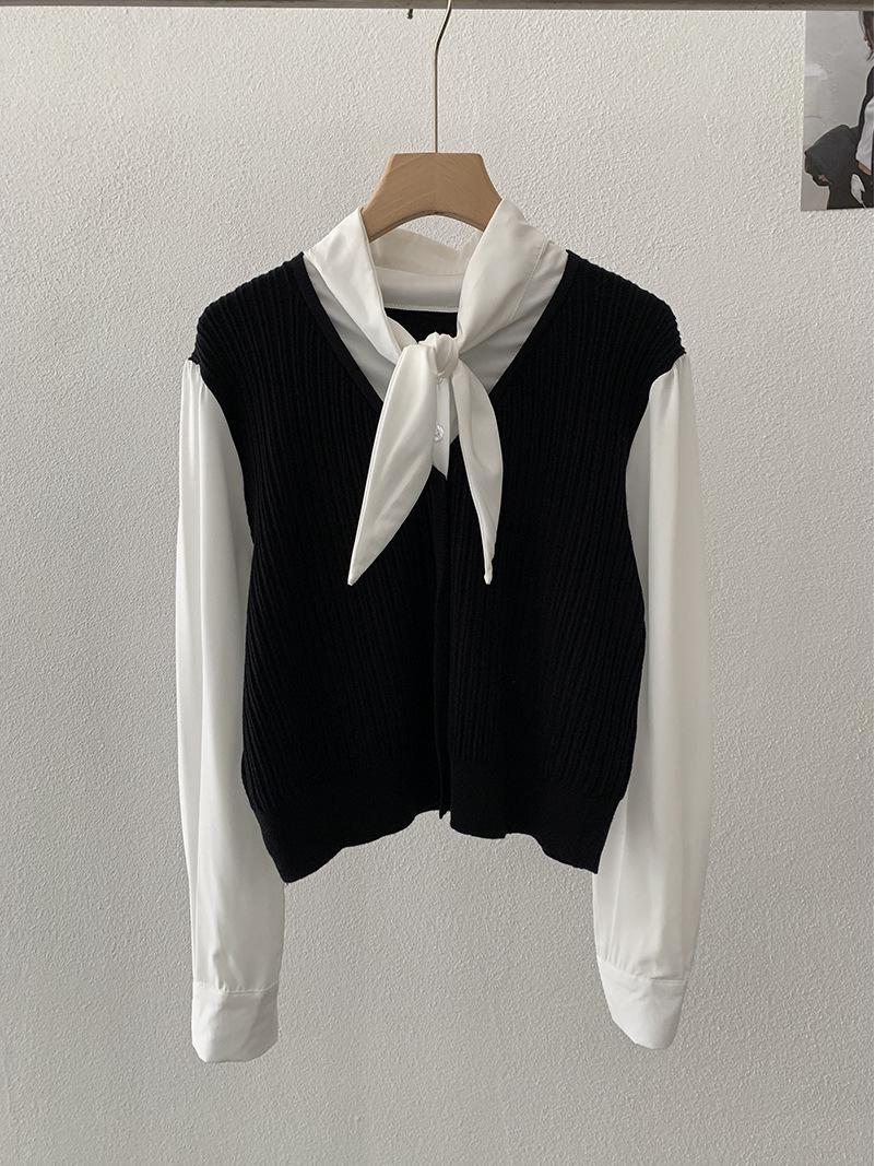 Oumalai Knot Fake Two-Piece Knit Patchwork Long Sleeve Cardigan One Size чёрный