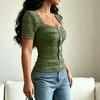 Women's Casual Solid Button Front Square Neck Short Sleeve T-Shirt Top Slim Fit Lightweight Stretchy Fabric