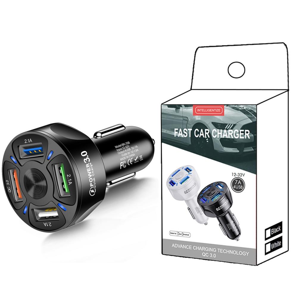 4 Ports USB Fast Car Charger Adapter QC3.0, Quick Car Phone Charger with LED Light Display, Compatible with iPhone 13 12 Pro Max,Galaxy S20 and More