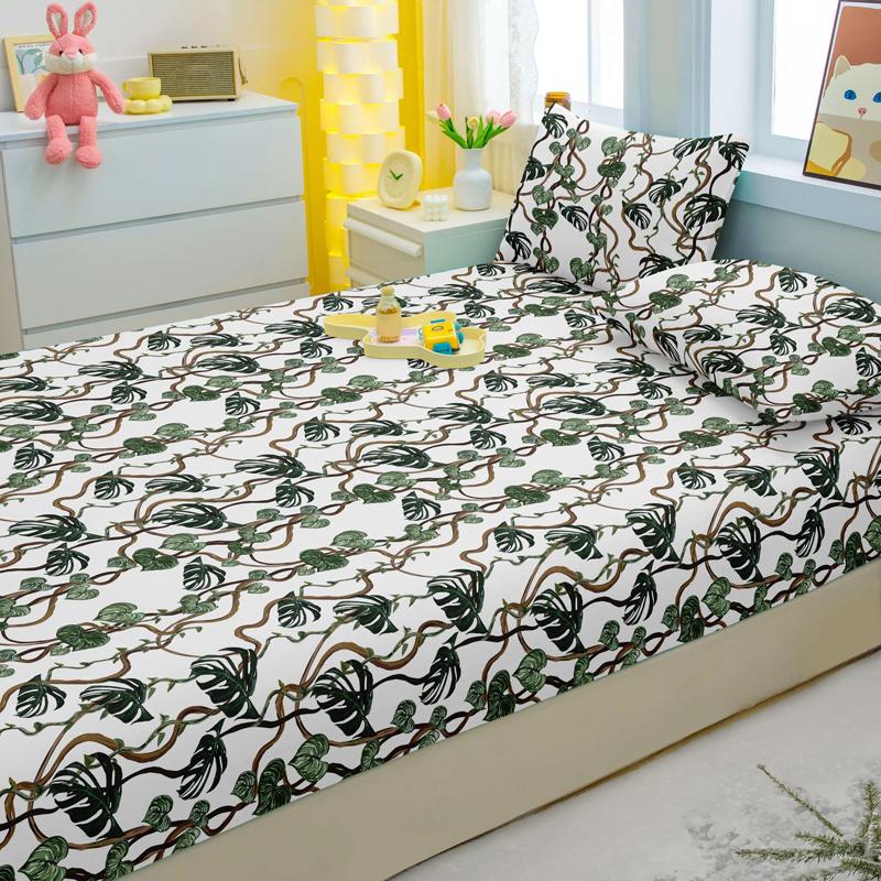 1 Simple Modern Plant Flower Printed Matte Fitted Sheet, Bedroom Printed Bed Cover, Bedding (Excluding Pillowcases)