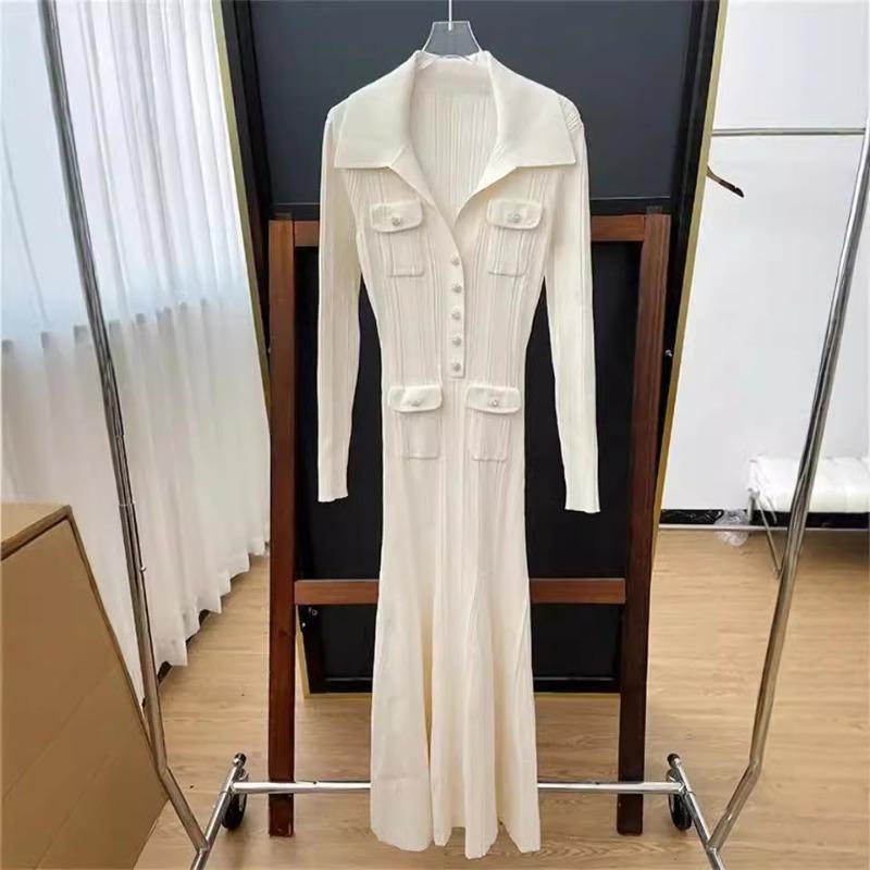 Knitted Elegant Party Dresses Woman Slim Lapel Button Pockets Long Dresses Office Lady Full Sleeve Ribbed Robes 2024 Autumn New