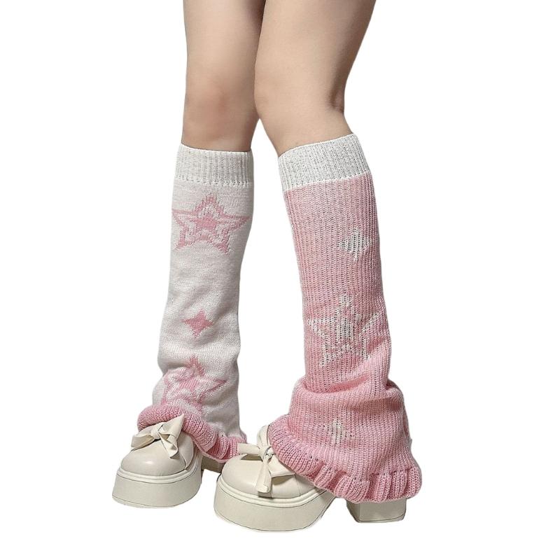 Punk Women Leg Warmers Japanese Aesthetic Star Pattern Flared Knitted Foot Cover Ruffle Trim Long Stockings Streetwear