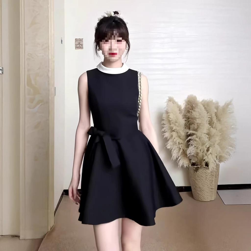 Lined Hepburn Style Sleeveless Black Dress Women's Waist A-shaped Skirt Thousand Gold High-end Skirt Summer New