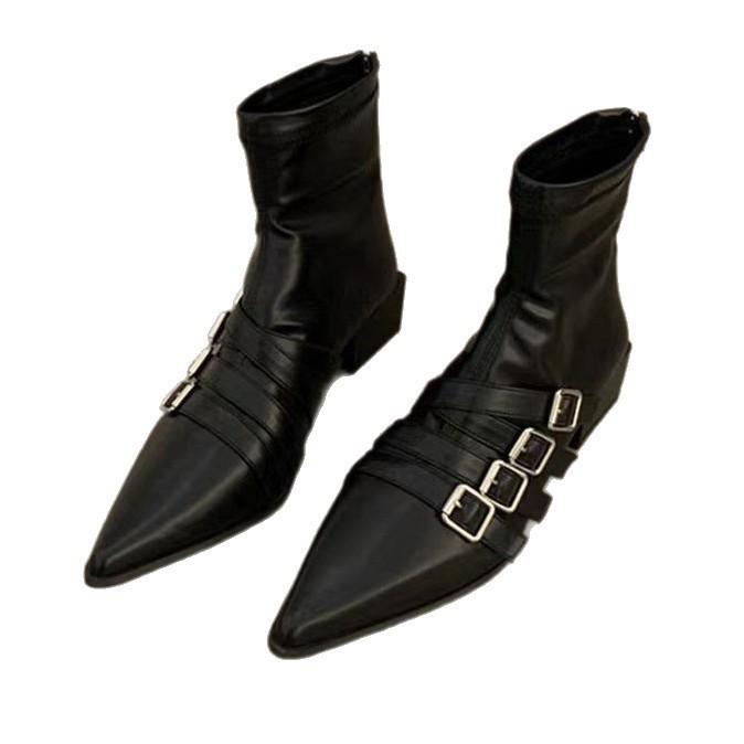 Pointed femininity versatile square and small short boots design sense belt buckle fashion boots