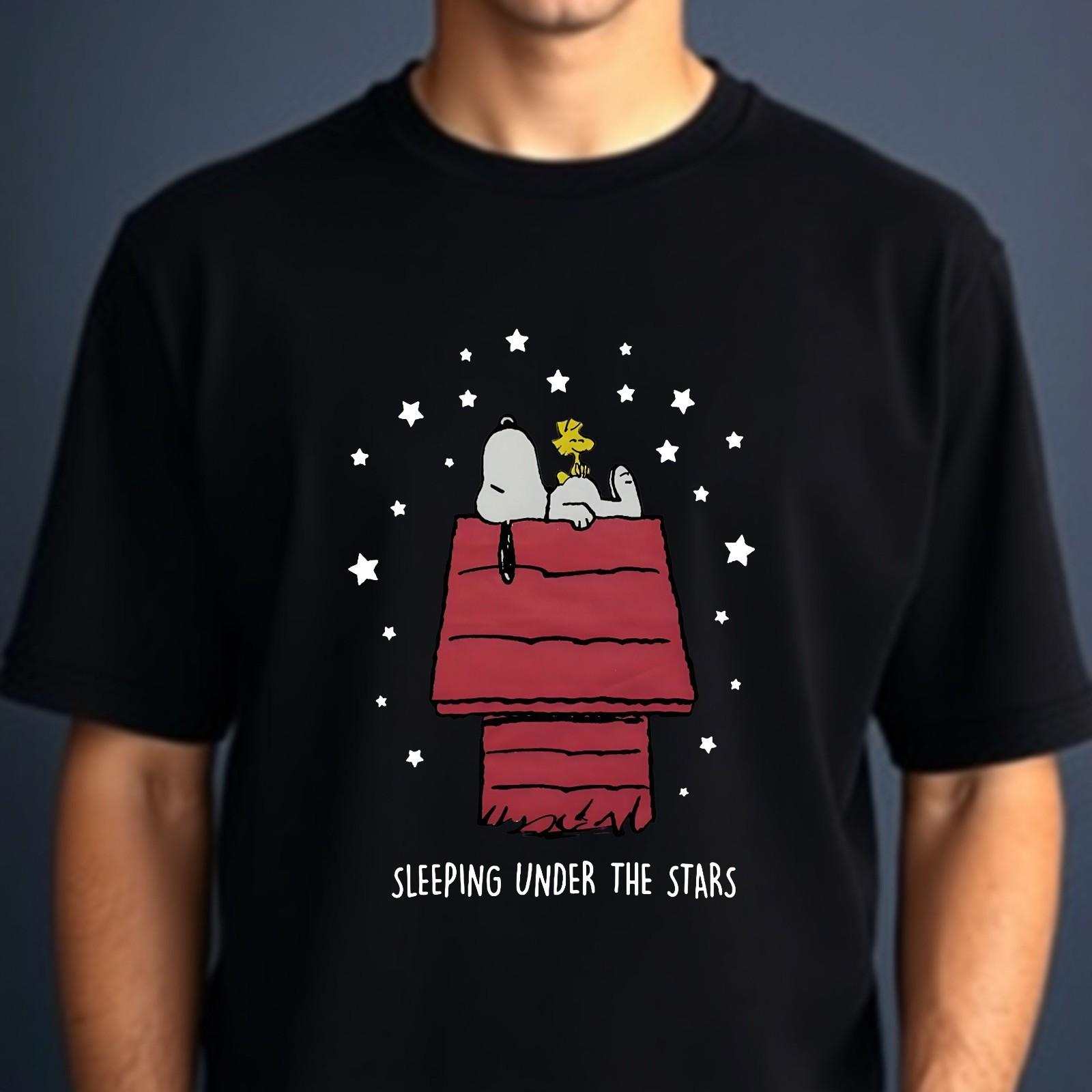Sleeping Under The Stars T-shirt Peanuts Doghouse Snoopy Women Top Mens Gift Tee XXXL