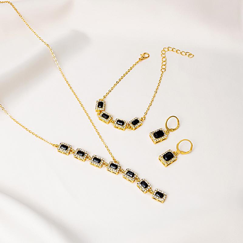 Luxury Super Flash Full Diamond Square Emerald Necklace Set, Yellow Pink Crystal Bracelet Earrings Jewelry