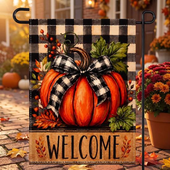 Durable Ornaments for Office Stacked Pumpkin Garden Flag, Burlap Look Fall Outdoor Decor, Festive Party Supplies Home Double Sided Holiday Yard