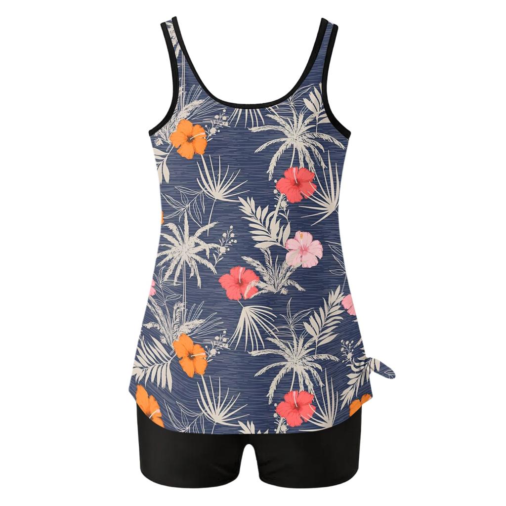 Women's Two Piece Tankini Swimsuit Hawaiian Floral Print Sleeveless Sporty Swim Top with Shorts Beachwear