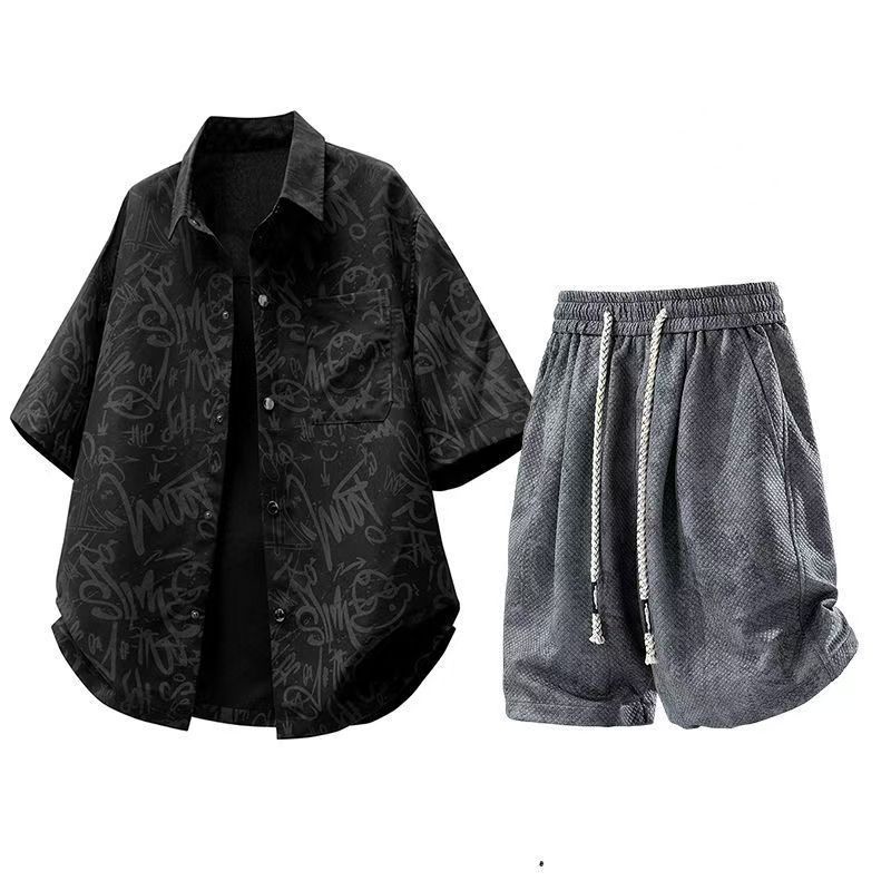 Men's Casual Sports Suit Summer Trendy Brand Versatile Short-Sleeved Shirt and Shorts Two-Piece Set