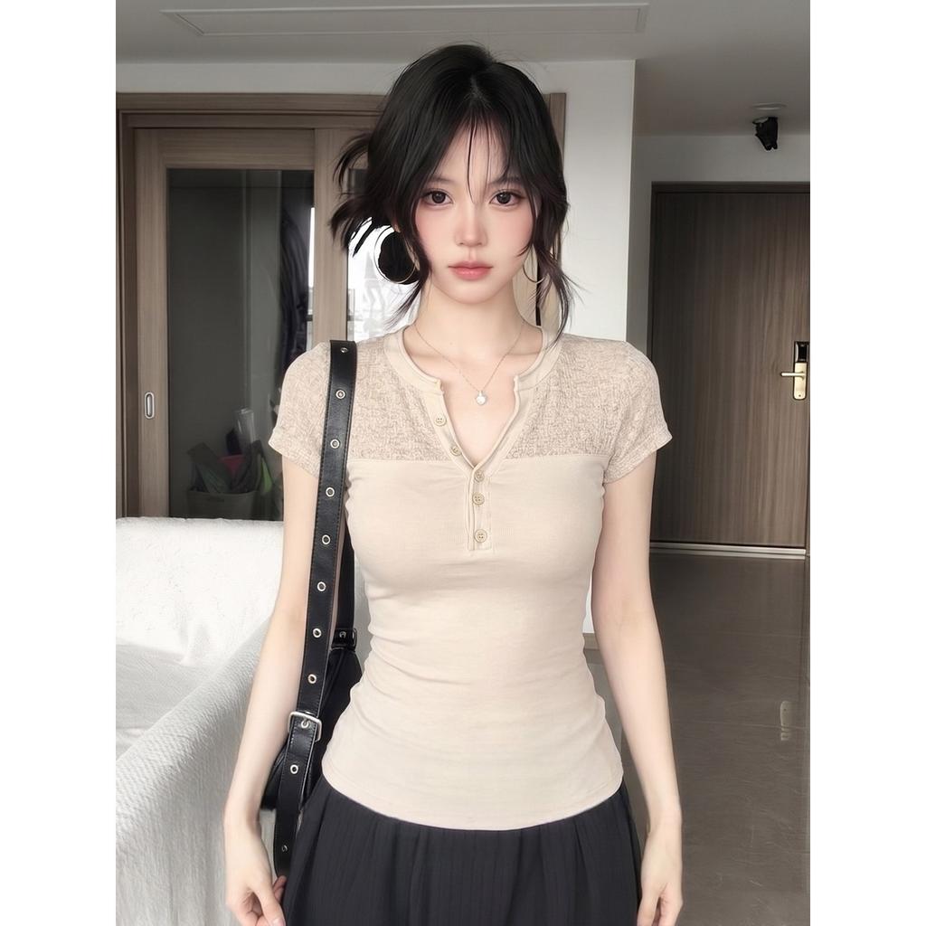 Spice girl style Henry collar short-sleeved T-shirt women's summer slim and thin design sense splicing niche waist front shoulder top