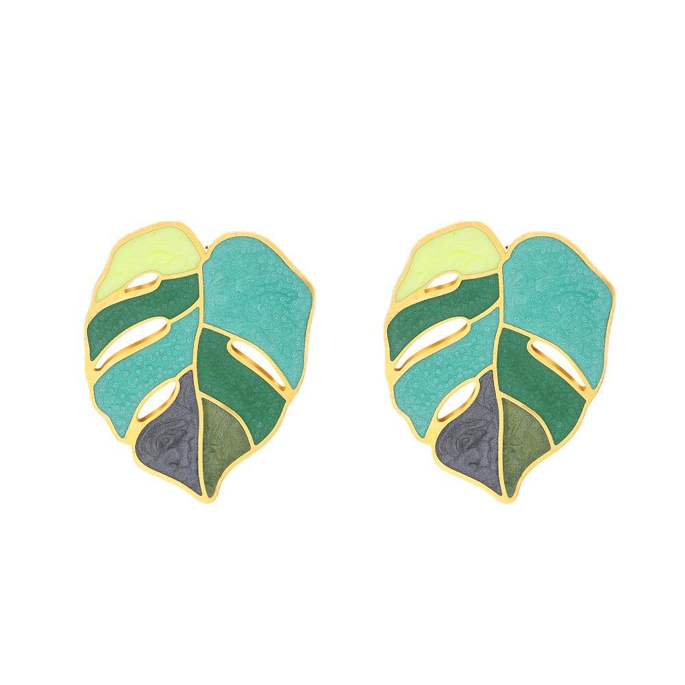 Customized professional design, stainless steel 18K electroplating real gold hollow exaggerated leaves green oil stud earrings female