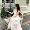 French Temperament Fringed Pendulum Medium and Long Dress New Waist and Thin Holiday Style Super Fairy Sleeveless White Polyester