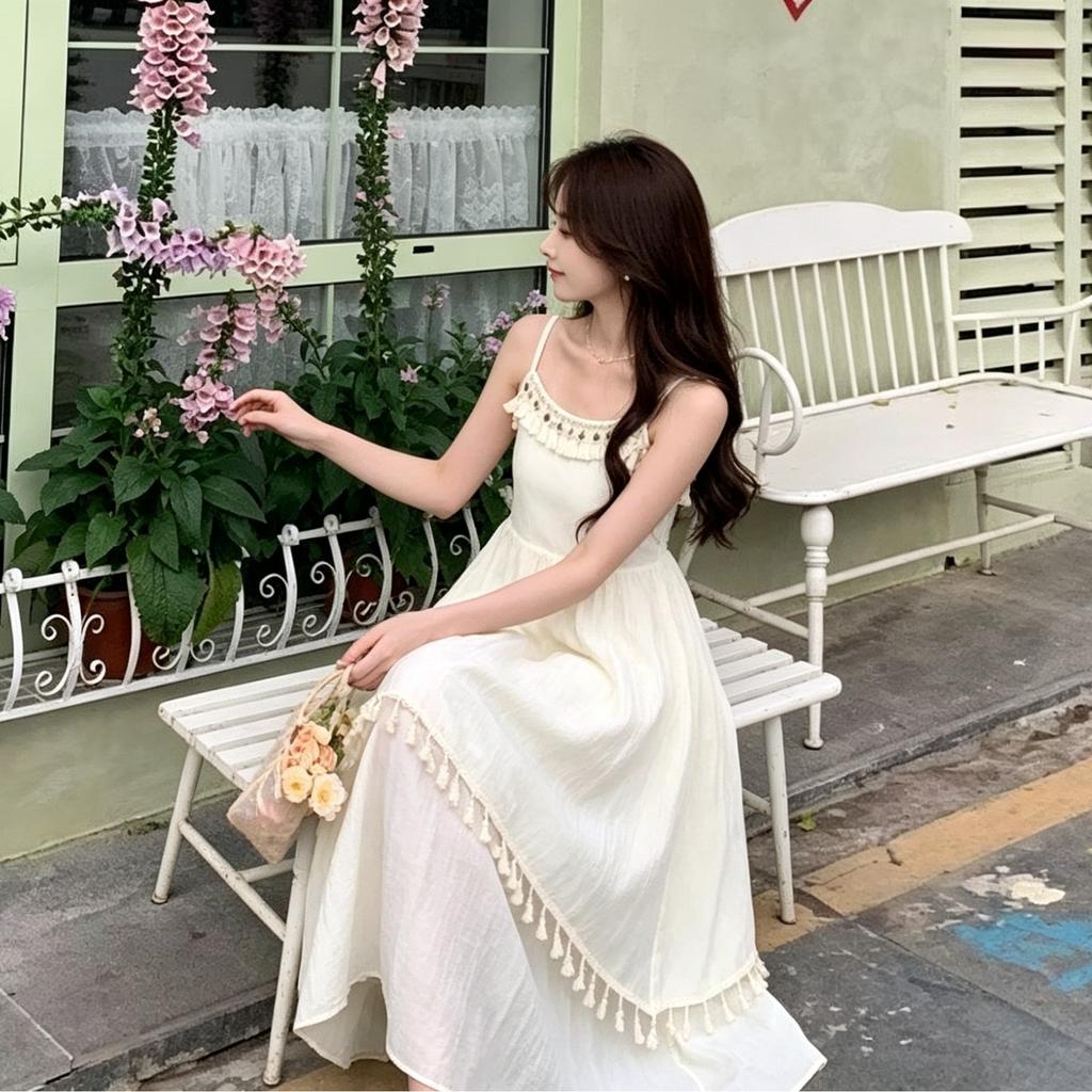 French Temperament Fringed Pendulum Medium and Long Dress New Waist and Thin Holiday Style Super Fairy Sleeveless White Polyester