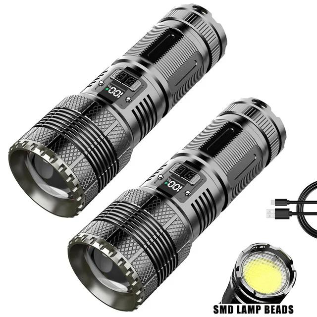 Powerful LED Flashlight 100000LM Super Bright Zoomable Tactical Torch with Power Display Type-C Charging Camping Flashlights