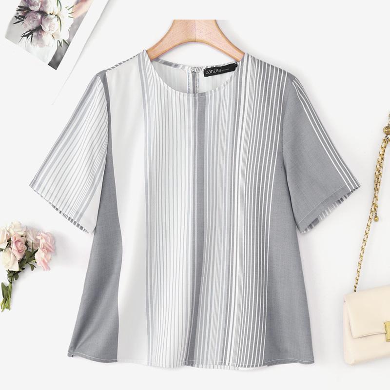 

ZANZEA Женская повседневная блузка с круглым вырезом, летняя, с коротким рукавом, в полоску XL