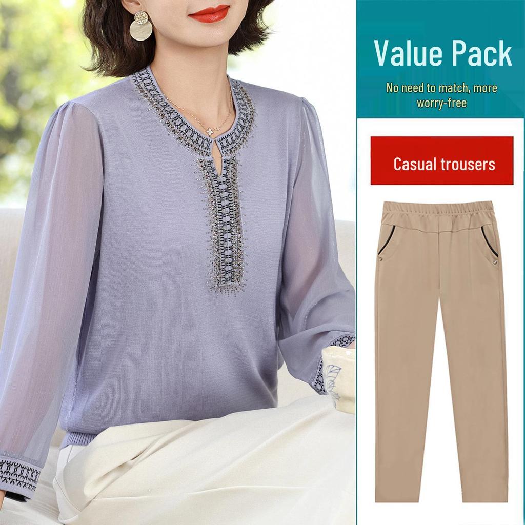 Schickes Herbst-Rundhals-Langarm-T-Shirt für Frauen mittleren Alters & ältere Frauen - Stilvolles Strickoberteil mit Gaze-Ärmeln