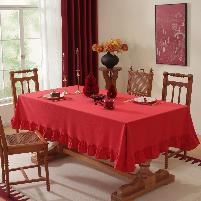 100% Cotton Table Cover Red Farmhouse Ruffle Tablecloth Soft Water-washed Tablecloths for Rectangle Party Wedding Decor Durable