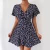 Damenkleid neu Europäisch und Amerikanisch beliebt Sexy Blumenspitze Schnürung Taille Kurzärmelig V-Ausschnitt