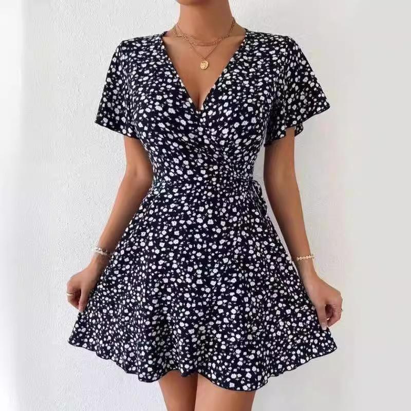 Damenkleid neu Europäisch und Amerikanisch beliebt Sexy Blumenspitze Schnürung Taille Kurzärmelig V-Ausschnitt
