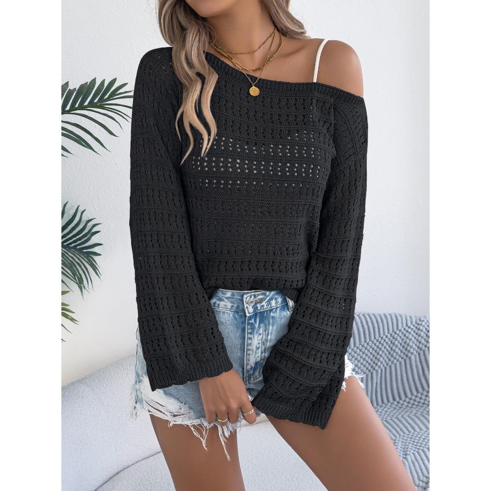 Early Autumn One-neck Hollowed-out Long-sleeved Knitted Sweater, Casual Loose Coat for Women