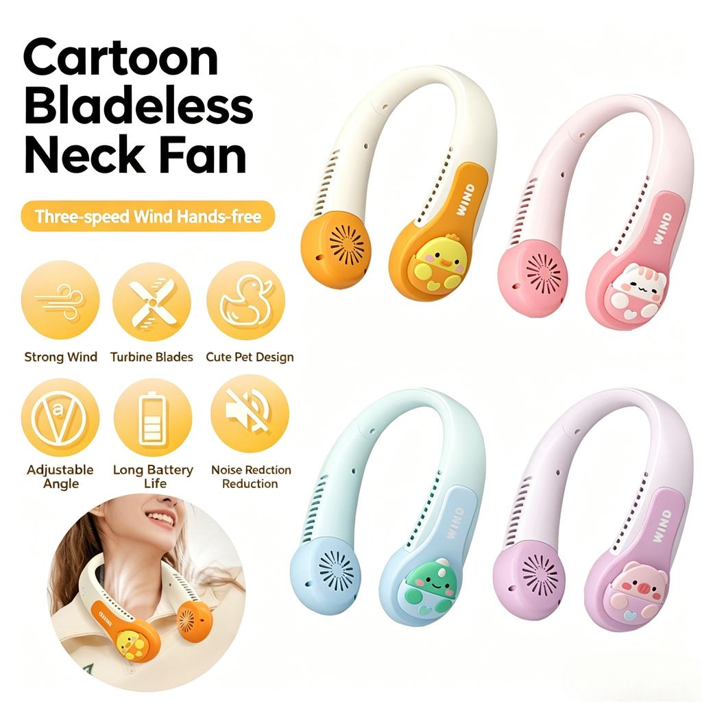 Cartoon Kids Neck Fan Bladeless Neck Fan for Kid Animal 1200mAh Portable Rechargeable Cooling Fan for Girls 3 Speeds Lightweight
