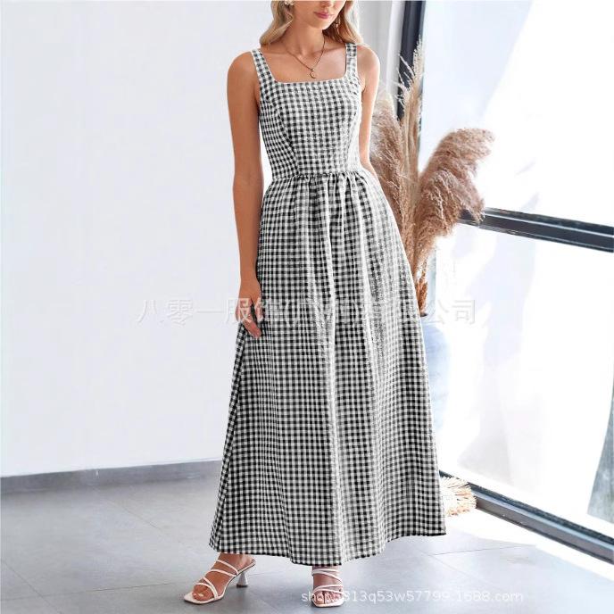 Women Square Neck Gingham Maxi Dress Sleeveless Spaghetti Strap Elastic Waist Flowy Long Summer Casual Dress