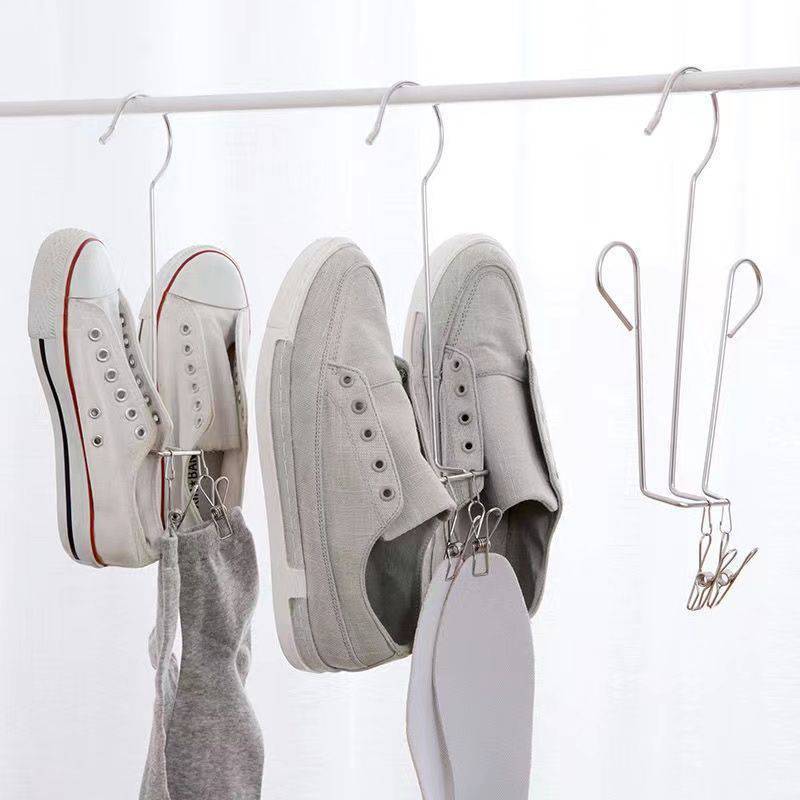 Household Stainless Steel Shoe Drying Rack Outdoor Balcony Shoe Drying Rack Hooks Space Saving Bedroom Storage Closet Organizer