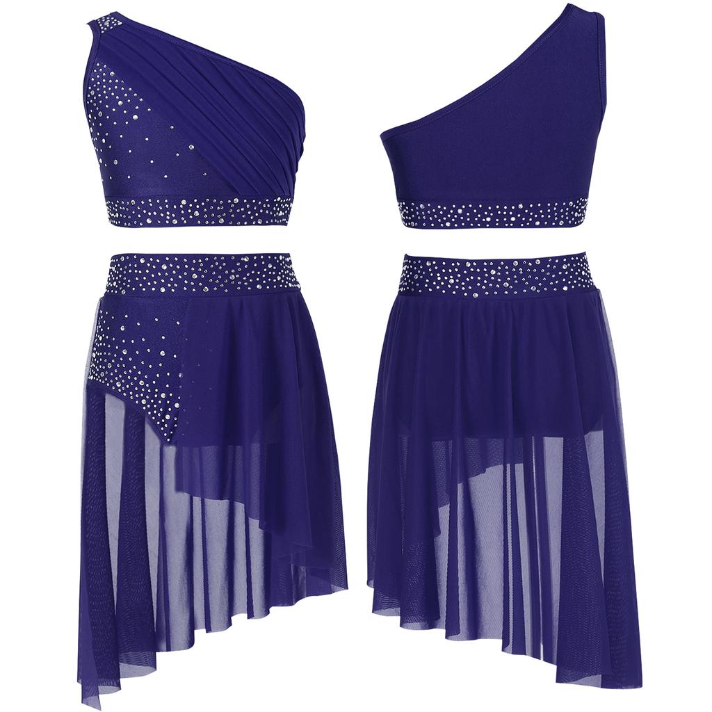 Çocuk Kız 2 Parça Dans Kıyafeti Bale Jimnastik Leotard Atletik Kırpma Üst Tutu Etek Lirik Dans Elbise