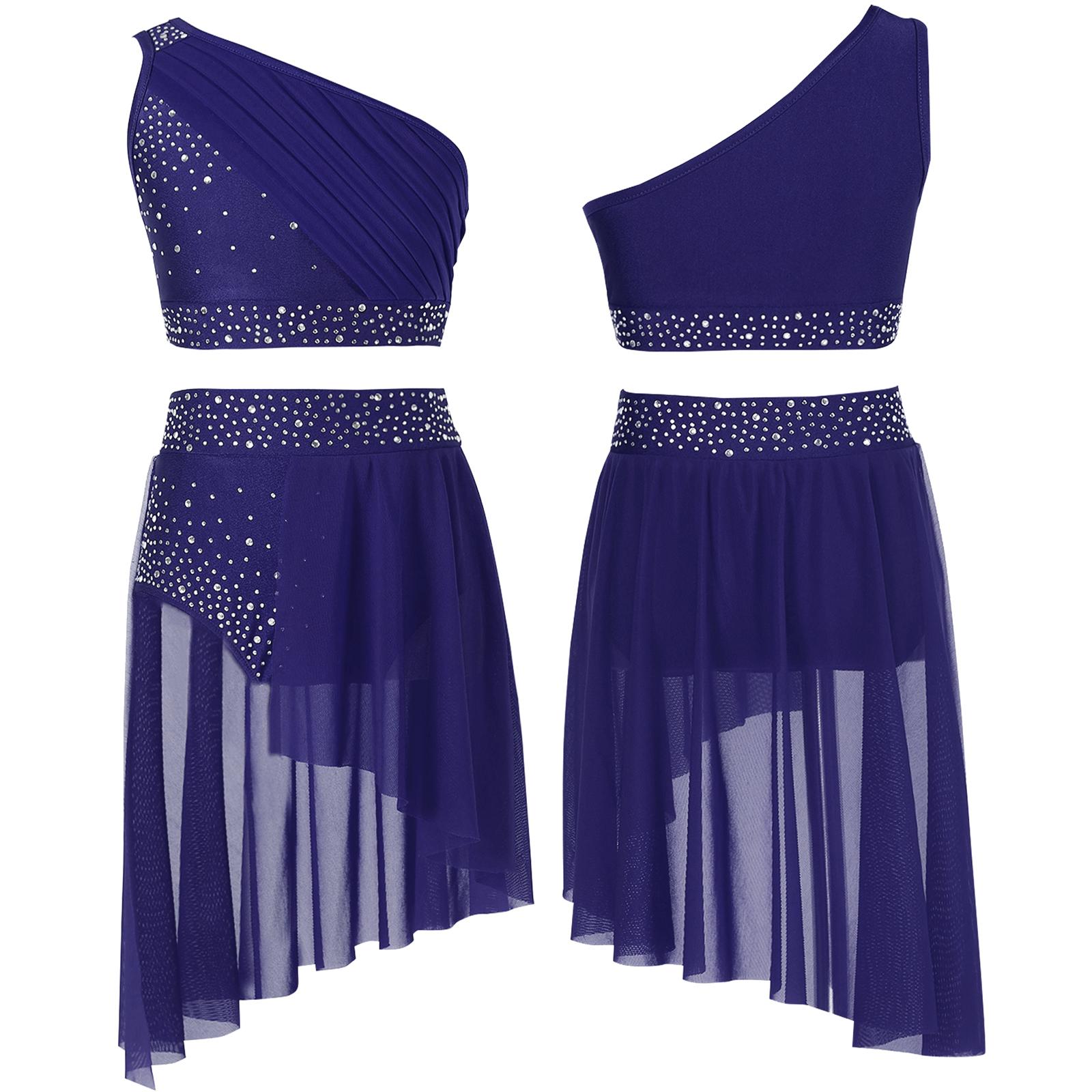 Sywiyi Kinderen Meisjes 2 Stuks Dans Outfit Ballet Gymnastiek Turnpakje Atletische Crop Top met Tutu Rok Lyrische Dans Jurk 13-14 Years marineblauwe kleur