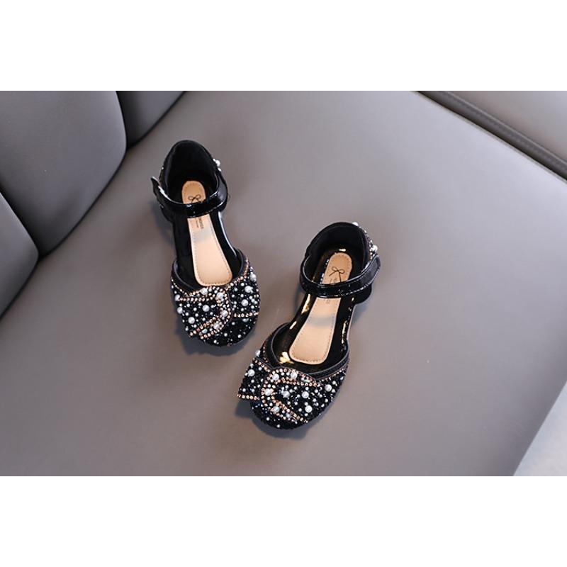 Girls Single Shoes Spring Autumn Pearl Rhinestone Bow Dance Performance Shoes Half Sandals for Little and Middle Kid