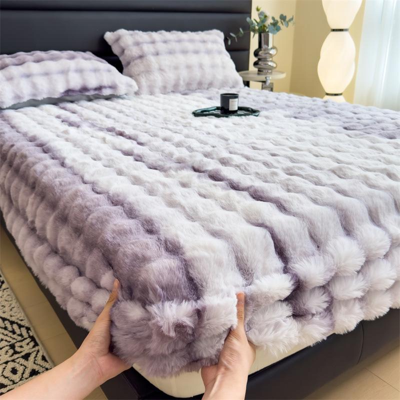 Plush Fleece-Lined Rabbit Fur Fitted Sheet Set - Double Bed, Winter Warmth, 3-Piece Mattress Protector