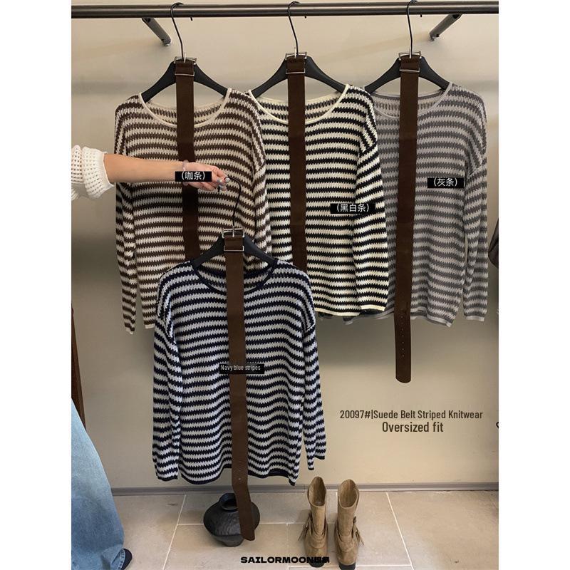 Vintage Striped Hollow-Out Long Sleeve Knitwear for Women - 2025 Autumn Loose Lazy Style Trendy Top