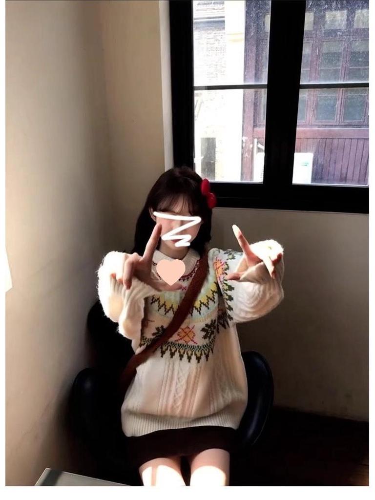 Women's Fair Isle Crew Neck Pullover Sweater - Spring/Summer Loose Fit Knit Top