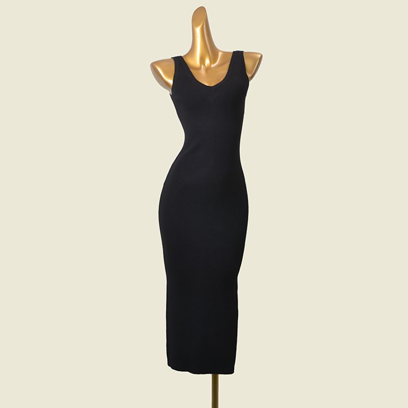 American Brand Double V Neck Knitting Long Dress Fashion Wind Black Basic Style Sunken Stripe Silm Base Export Dress