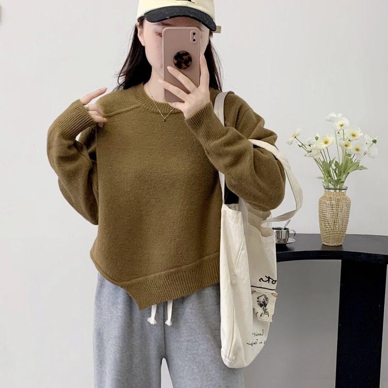 

Вязаный свитер с круглым вырезом для женщин осенью и зимой, новый свободный и стильный короткий однотонный свитер с дизайнерским смыслом One Size дубильная кора