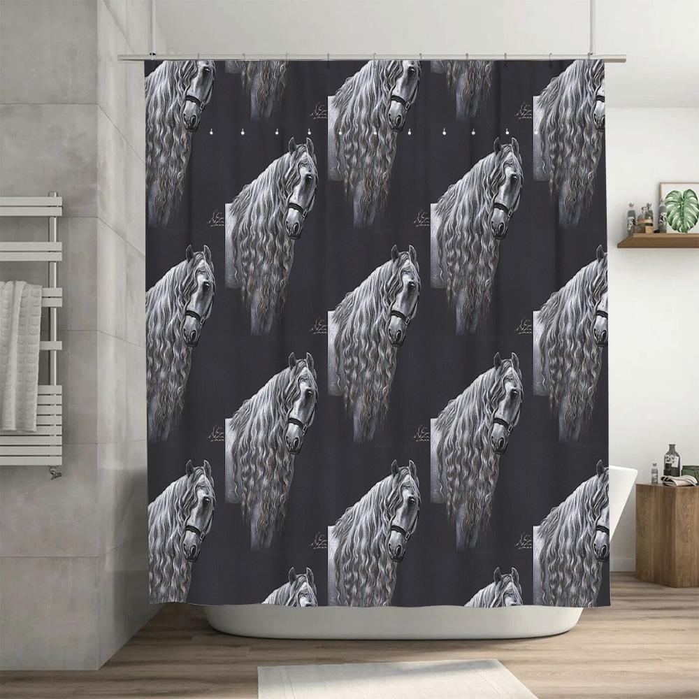 Elegant Horse Shower Curtain Black And White Equestrian Art Bathroom Decor Stallion Print Washroom Curtains Modern Farmhouse Sty