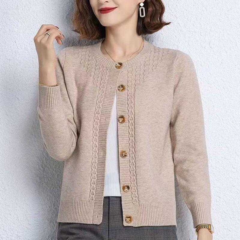 2023 New Autumn Fashion Solid Color Simple Round Neck Panel Button Knitted Cardigan Temperament Commuter Women's Loose Sweater
